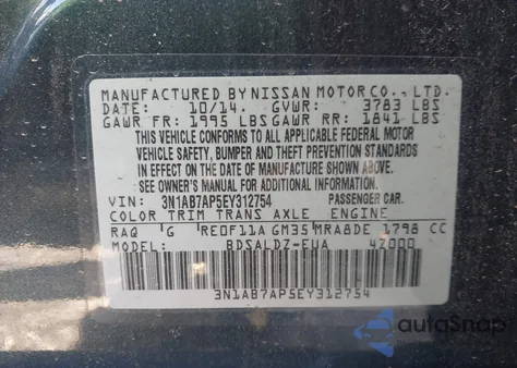 2014 Nissan Sentra Sv z USA, uszkodzony, nr VIN 3N1AB7AP5EY312754